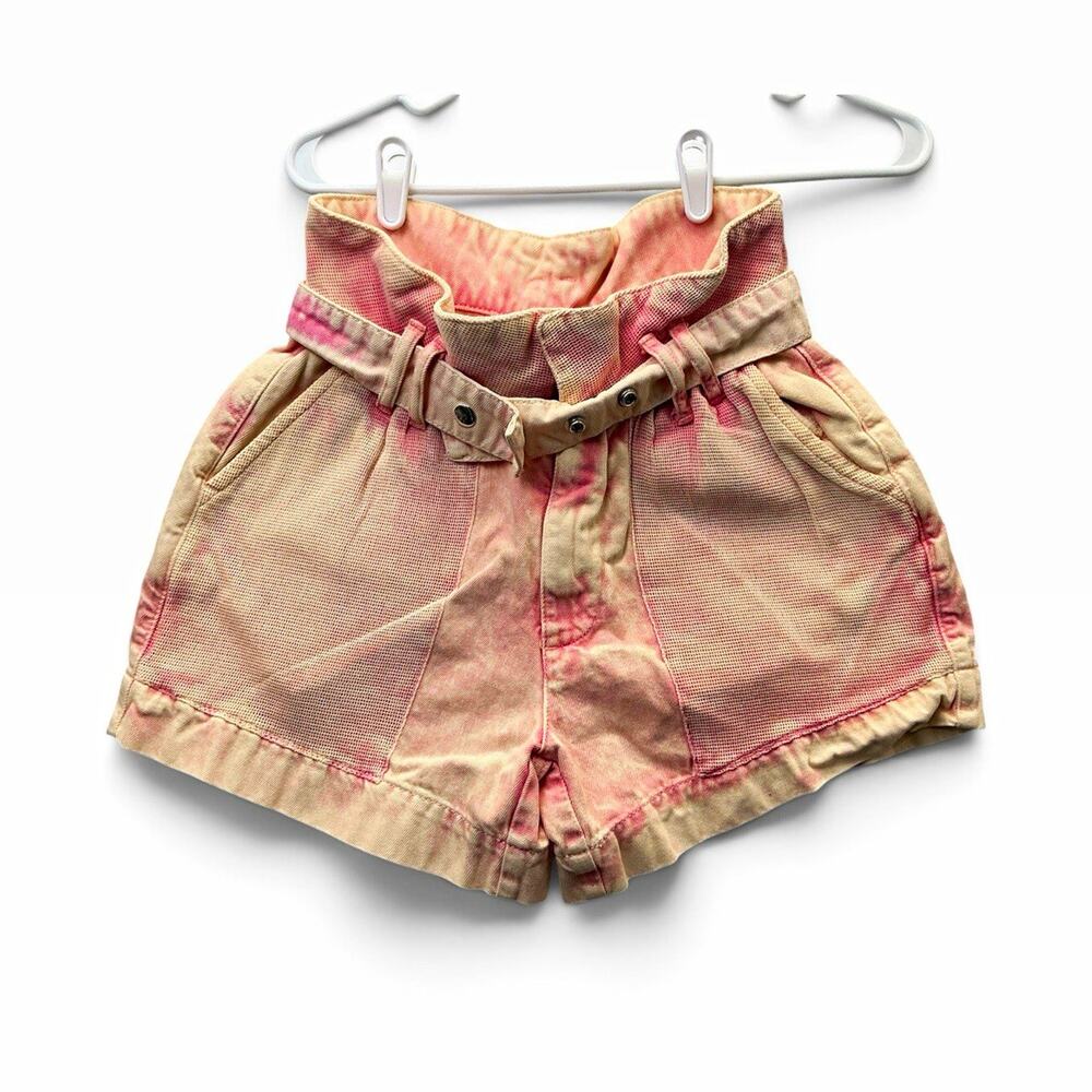 Women’s Paperbag High Rise Tie-Dye Belted Shorts Pockets Size 25 Pink Beige